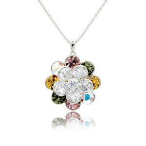 Rotating crystal flower necklace with spinning white CZ center and Swarovski element crystal petals on palladium-plated brass chain, SKU G100919E.