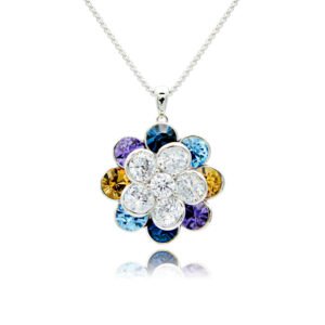 Rotating crystal flower necklace with spinning white CZ center and Swarovski element crystal petals on palladium-plated brass chain, SKU G100919E.