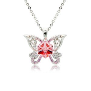 Swarovski crystal butterfly frame pendant necklace in palladium-plated brass with pave zircon filigree wings and centered geometric cube crystal, SKU G100954E.