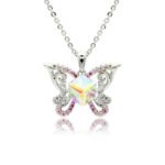 Swarovski crystal butterfly frame pendant necklace in palladium-plated brass with pave zircon filigree wings and centered geometric cube crystal, SKU G100954E.