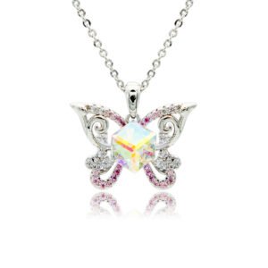 Swarovski crystal butterfly frame pendant necklace in palladium-plated brass with pave zircon filigree wings and centered geometric cube crystal, SKU G100954E.
