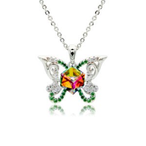 Swarovski crystal butterfly frame pendant necklace in palladium-plated brass with pave zircon filigree wings and centered geometric cube crystal, SKU G100954E.