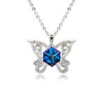 Swarovski crystal butterfly frame pendant necklace in palladium-plated brass with pave zircon filigree wings and centered geometric cube crystal, SKU G100954E.