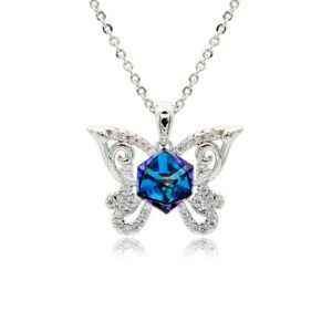 Swarovski crystal butterfly frame pendant necklace in palladium-plated brass with pave zircon filigree wings and centered geometric cube crystal, SKU G100954E.