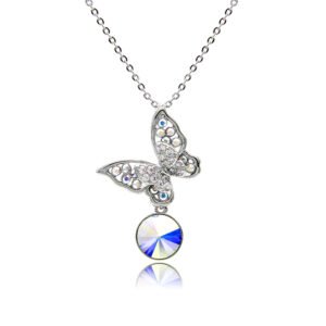 Swarovski crystal butterfly necklace with filigree pave wings and dangling round crystal stone in palladium-plated brass base, SKU G100973E.