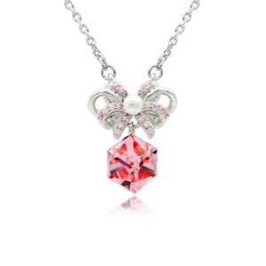 Swarovski crystal bow ribbon necklace wholesale featuring palladium plated brass chain, pave cz bowknot with center pearl, and dangling cube crystal, SKU G101037E.