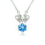 Swarovski crystal bow ribbon necklace wholesale featuring palladium plated brass chain, pave cz bowknot with center pearl, and dangling cube crystal, SKU G101037E.