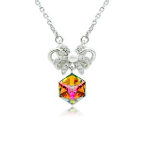 Swarovski crystal bow ribbon necklace wholesale featuring palladium plated brass chain, pave cz bowknot with center pearl, and dangling cube crystal, SKU G101037E.