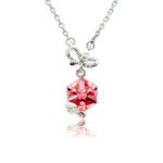 Swarovski crystal bow cube necklace wholesale with palladium plated brass chain, polished bowknot with center pearl, and wrapped crystal pendant, SKU G101039E.