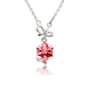 Swarovski crystal bow cube necklace wholesale with palladium plated brass chain, polished bowknot with center pearl, and wrapped crystal pendant, SKU G101039E.