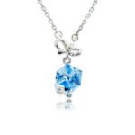 Swarovski crystal bow cube necklace wholesale with palladium plated brass chain, polished bowknot with center pearl, and wrapped crystal pendant, SKU G101039E.