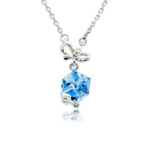 Swarovski crystal bow cube necklace wholesale with palladium plated brass chain, polished bowknot with center pearl, and wrapped crystal pendant, SKU G101039E.