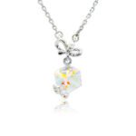 Swarovski crystal bow cube necklace wholesale with palladium plated brass chain, polished bowknot with center pearl, and wrapped crystal pendant, SKU G101039E.