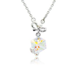 Swarovski crystal bow cube necklace wholesale with palladium plated brass chain, polished bowknot with center pearl, and wrapped crystal pendant, SKU G101039E.