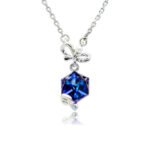 Swarovski crystal bow cube necklace wholesale with palladium plated brass chain, polished bowknot with center pearl, and wrapped crystal pendant, SKU G101039E.