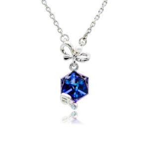 Swarovski crystal bow cube necklace wholesale with palladium plated brass chain, polished bowknot with center pearl, and wrapped crystal pendant, SKU G101039E.