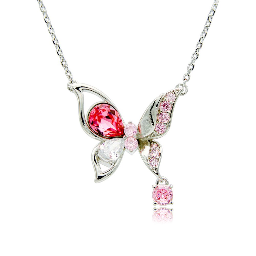 Swarovski crystal butterfly necklace wholesale featuring palladium-plated brass chain, pear-cut crystal wing stone, and delicate pink cubic zirconia accents, SKU G101059E.