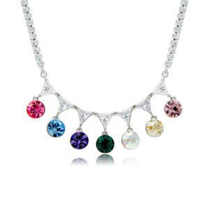 Swarovski crystal fringe necklace featuring 7 dangling round crystals hanging from a paved brass tennis chain base in palladium finish, SKU G101248E.