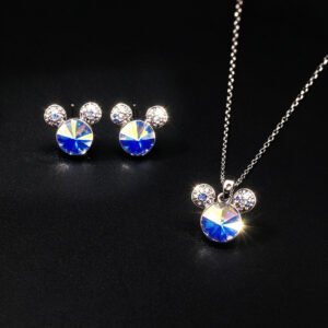Wholesale Mickey jewelry set featuring platinum plated copper with iridescent Swarovski element crystals and pave ears from JuneJewelry.com.