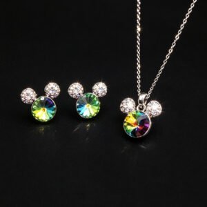 Wholesale Mickey jewelry set featuring platinum plated copper with iridescent Swarovski element crystals and pave ears from JuneJewelry.com.