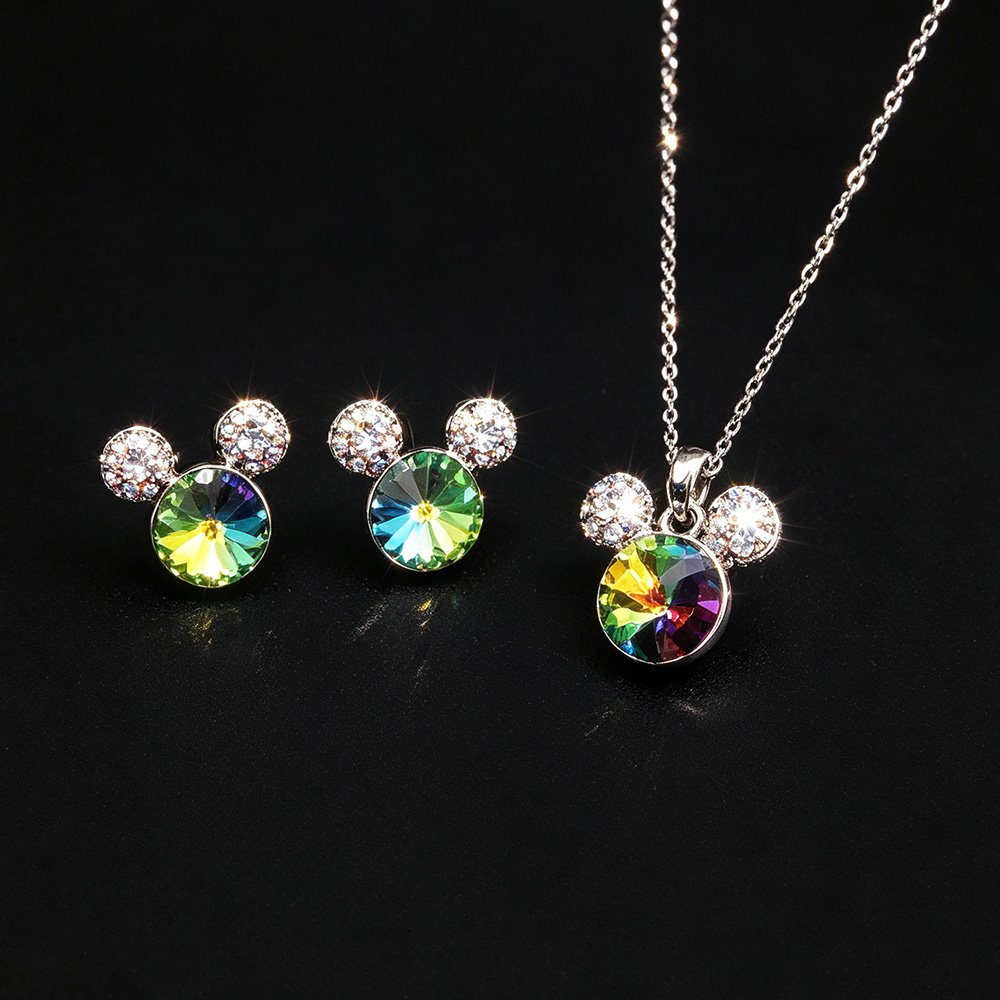 G300109-G100178E12Y.98.A Wholesale Mickey jewelry set featuring platinum plated copper with iridescent Swarovski element crystals and pave ears from JuneJewelry.com.