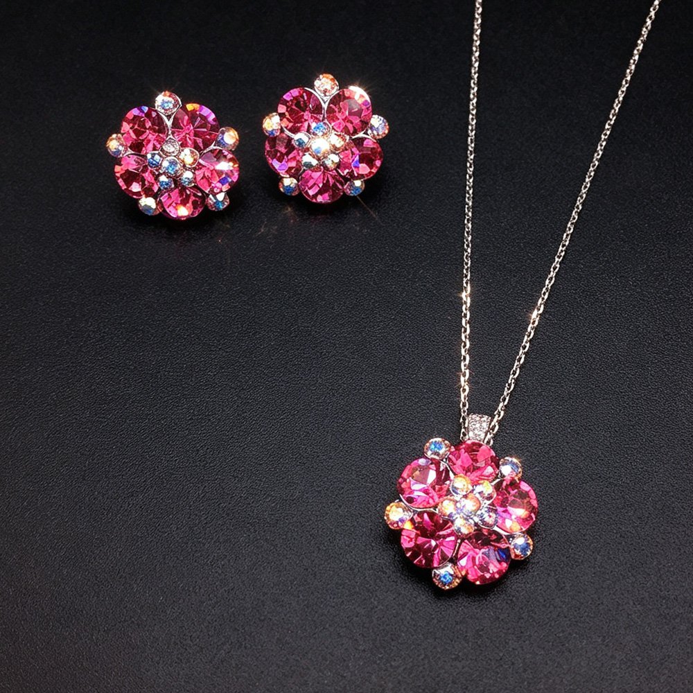 G300173-G100564E01Y.172.A Wholesale floral crystal jewelry set featuring platinum plated copper with fuchsia pink Swarovski element crystals from JuneJewelry.com.