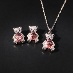 Wholesale bear jewelry set featuring platinum plated copper with pink Swarovski element crystals from JuneJewelry.com.