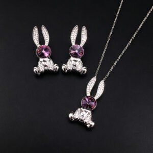 Wholesale bunny jewelry set featuring platinum plated copper with purple Swarovski element crystals from JuneJewelry.com.