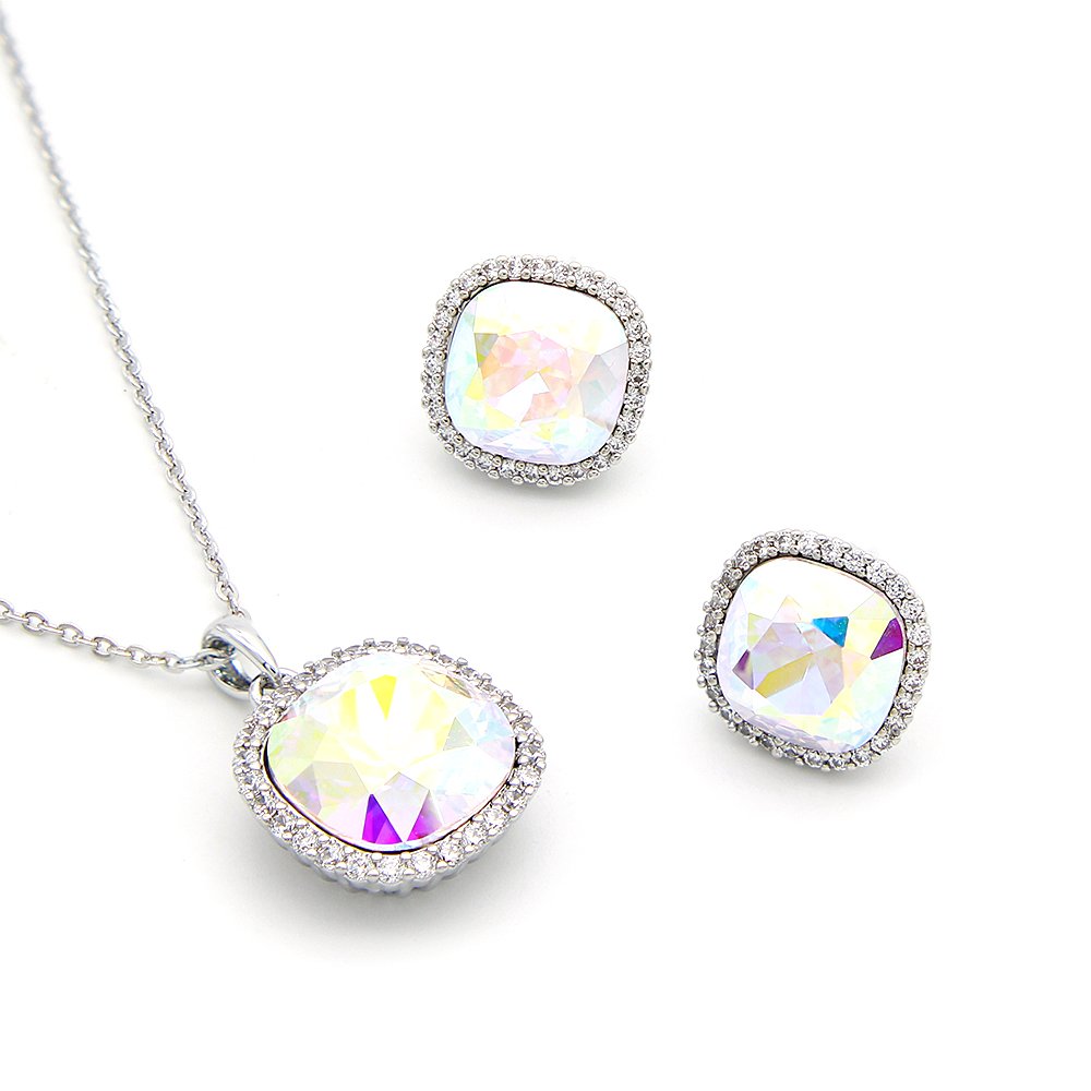 G301298-G100983E09Y.150.A Crystal jewelry set wholesale featuring cushion-cut iridescent Aurora Borealis AB crystal pendant necklace and halo stud earrings on palladium plated copper.
