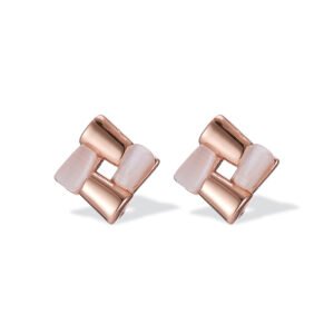 Geometric square pinwheel stud earrings featuring alternating polished metal bars and synthetic opal elements with 925 sterling silver ear posts