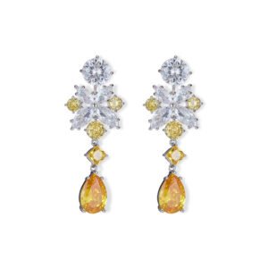 Tear drop CZ floral dangle earrings featuring multi-shaped geometric cubic zirconia, a teardrop crystal pendant, and 925 sterling silver posts