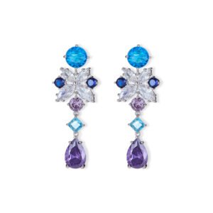 Tear drop CZ floral dangle earrings featuring multi-shaped geometric cubic zirconia, a teardrop crystal pendant, and 925 sterling silver posts