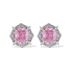 Geometric hexagon rose cut cubic zirconia stud earrings with a pave halo border and 925 sterling silver ear posts