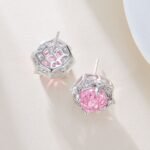 Geometric hexagon rose cut cubic zirconia stud earrings with a pave halo border and 925 sterling silver ear posts
