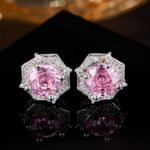 Geometric hexagon rose cut cubic zirconia stud earrings with a pave halo border and 925 sterling silver ear posts