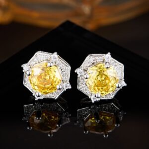 Geometric hexagon rose cut cubic zirconia stud earrings with a pave halo border and 925 sterling silver ear posts