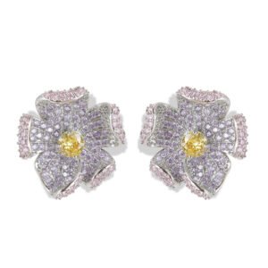 Statement 3D curved flower stud earrings fully encrusted with micro-pave cubic zirconia crystals, available in multicolor, lavender purple, and classic clear silver options.