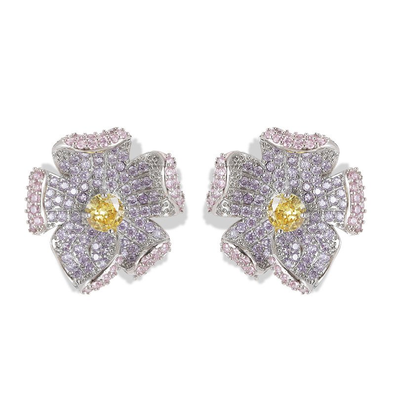 Statement 3D curved flower stud earrings fully encrusted with micro-pave cubic zirconia crystals, available in multicolor, lavender purple, and classic clear silver options.