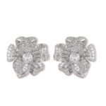 Statement 3D curved flower stud earrings fully encrusted with micro-pave cubic zirconia crystals, available in multicolor, lavender purple, and classic clear silver options.