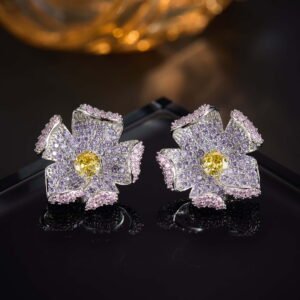 Statement 3D curved flower stud earrings fully encrusted with micro-pave cubic zirconia crystals, available in multicolor, lavender purple, and classic clear silver options.
