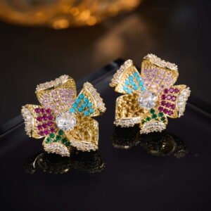 Statement 3D curved flower stud earrings fully encrusted with micro-pave cubic zirconia crystals, available in multicolor, lavender purple, and classic clear silver options.