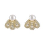 Filigree fan freshwater pearl earrings featuring intricate openwork lace design, central cubic zirconia accents, lustrous cultured pearl stud, and 925 sterling silver ear posts