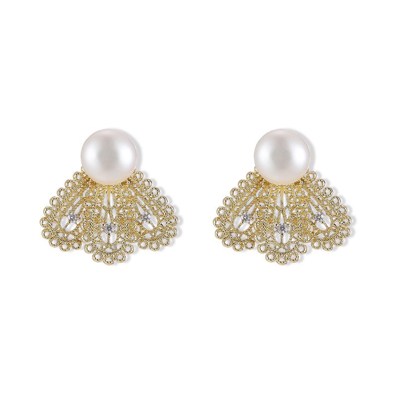 I-037 (2) Filigree fan freshwater pearl earrings featuring intricate openwork lace design, central cubic zirconia accents, lustrous cultured pearl stud, and 925 sterling silver ear posts