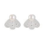 Filigree fan freshwater pearl earrings featuring intricate openwork lace design, central cubic zirconia accents, lustrous cultured pearl stud, and 925 sterling silver ear posts