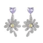 Heart CZ flower drop earrings featuring a heart-cut top gem, micro-paved cubic zirconia flower blossom dangle, yellow center stone, and 925 sterling silver ear posts