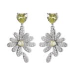 Heart CZ flower drop earrings featuring a heart-cut top gem, micro-paved cubic zirconia flower blossom dangle, yellow center stone, and 925 sterling silver ear posts