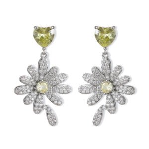 Heart CZ flower drop earrings featuring a heart-cut top gem, micro-paved cubic zirconia flower blossom dangle, yellow center stone, and 925 sterling silver ear posts