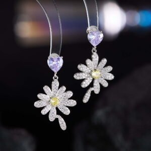 Heart CZ flower drop earrings featuring a heart-cut top gem, micro-paved cubic zirconia flower blossom dangle, yellow center stone, and 925 sterling silver ear posts