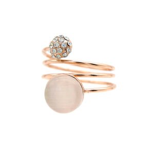 Wholesale spiral cat eye ring in rose gold plated zinc alloy featuring round cabochon cat eye stone and pave crystal ball on multi-layer wrap band from JuneJewelry.com.