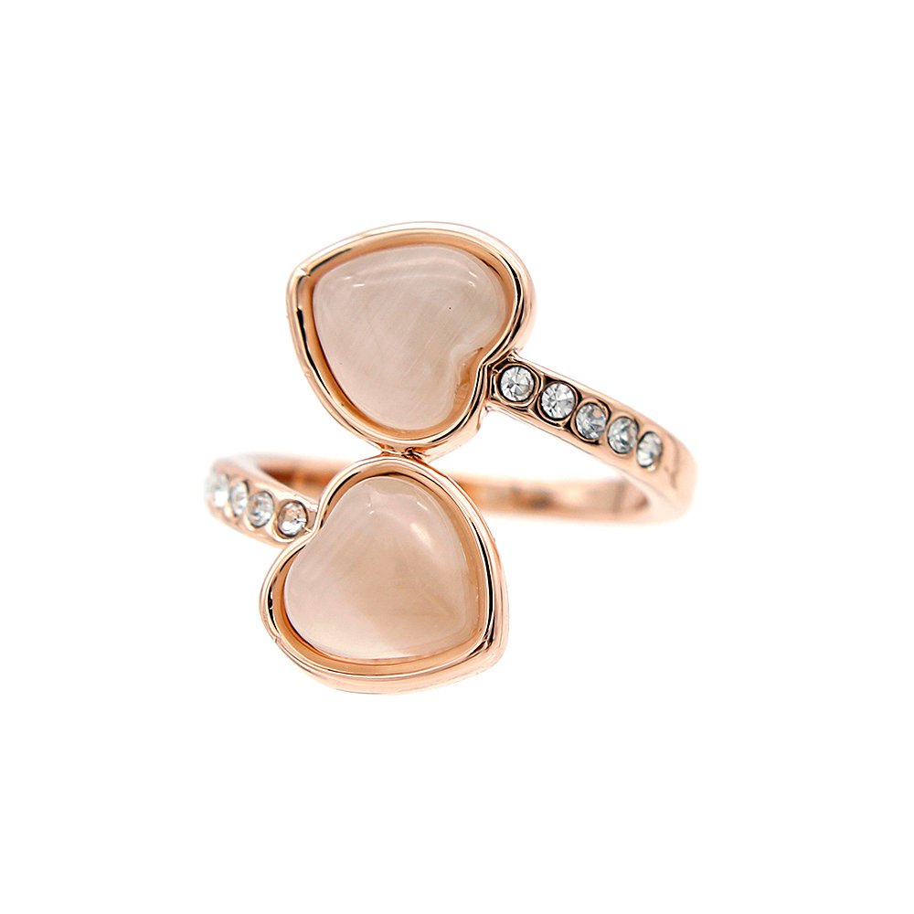 Wholesale heart cat eye ring in rose gold plated zinc alloy featuring twin heart stones and crystal bypass shoulders from JuneJewelry.com.